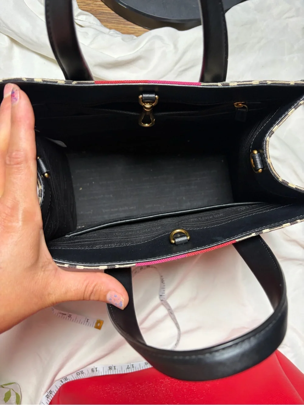 kate spade Black & Cream Floral Canvas Tote with Fuchsia Center Stripe